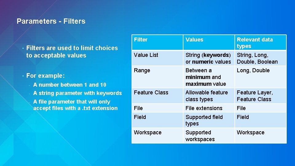 Parameters - Filters • • Filters are used to limit choices to acceptable values Parameters - Filters • • Filters are used to limit choices to acceptable values