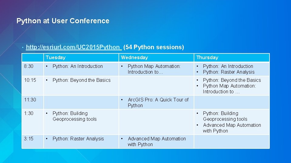Python at User Conference • http: //esriurl. com/UC 2015 Python (54 Python sessions) Tuesday Python at User Conference • http: //esriurl. com/UC 2015 Python (54 Python sessions) Tuesday