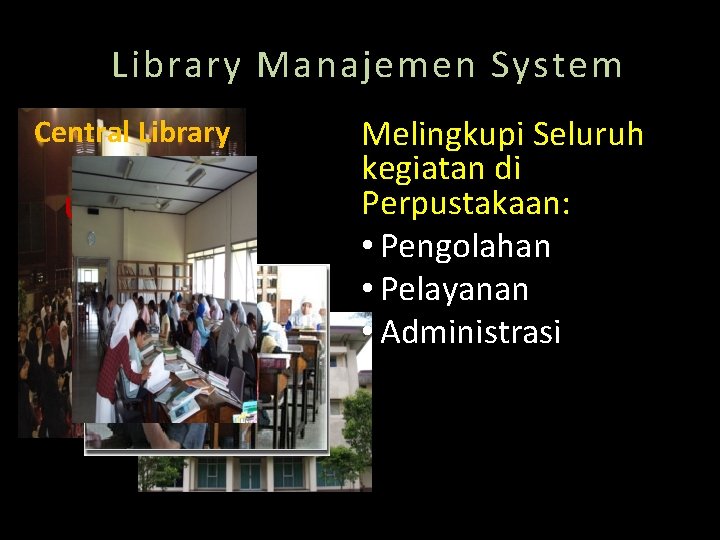 Library Manajemen System Central Library Jember University Melingkupi Seluruh kegiatan di Perpustakaan: • Pengolahan