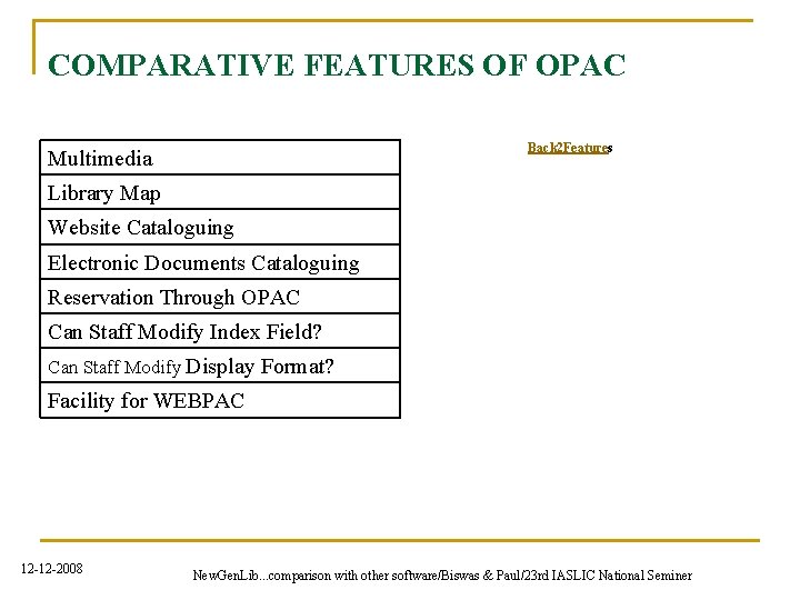 COMPARATIVE FEATURES OF OPAC Back 2 Features Multimedia Library Map Website Cataloguing Electronic Documents