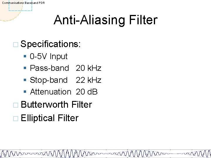 Communications Baseband PDR Anti-Aliasing Filter ¨ Specifications: § § 0 -5 V Input Pass-band