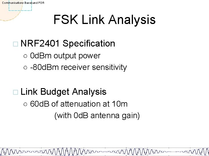 Communications Baseband PDR FSK Link Analysis ¨ NRF 2401 Specification ○ 0 d. Bm