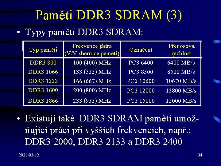 Paměti DDR 3 SDRAM (3) • Typy pamětí DDR 3 SDRAM: Typ paměti Frekvence