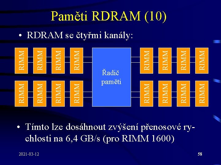Paměti RDRAM (10) RIMM RIMM RIMM RIMM Řadič paměti RIMM • RDRAM se čtyřmi