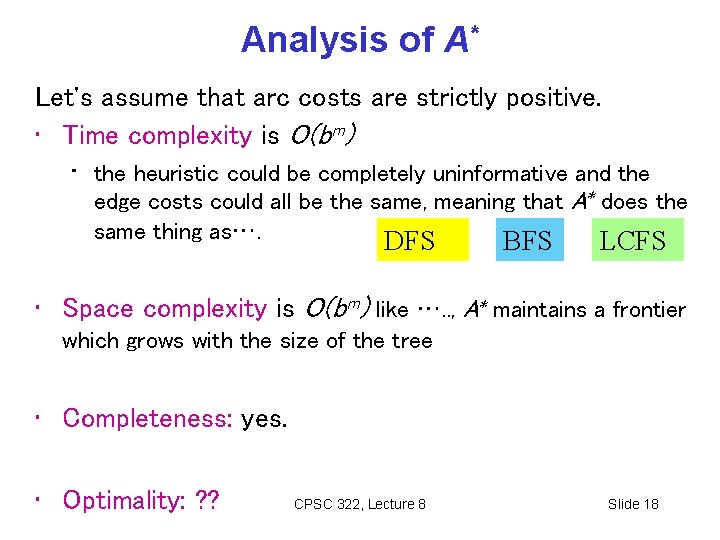 Analysis of A* Let's assume that arc costs are strictly positive. • Time complexity