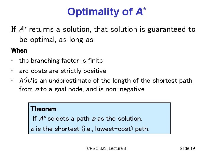 Optimality of A* If A* returns a solution, that solution is guaranteed to be