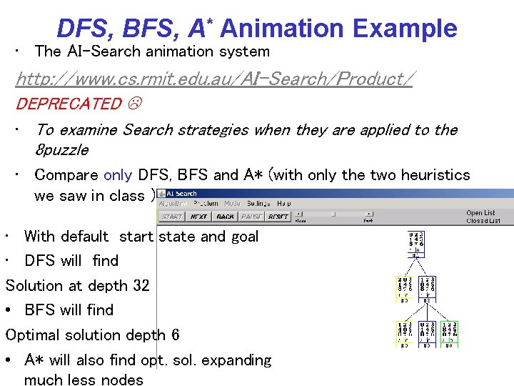 DFS, BFS, A* Animation Example • The AI-Search animation system http: //www. cs. rmit.