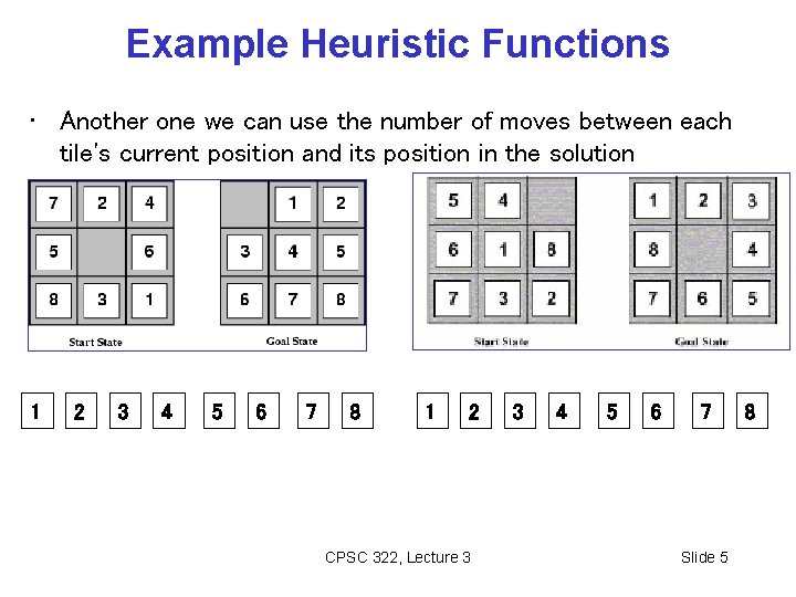 Example Heuristic Functions • Another one we can use the number of moves between