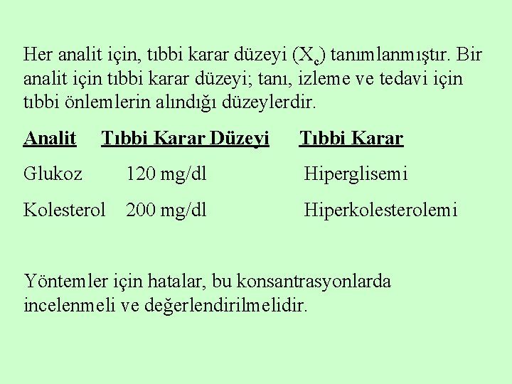 Her analit için, tıbbi karar düzeyi (Xc) tanımlanmıştır. Bir analit için tıbbi karar düzeyi;