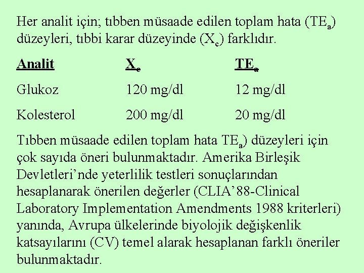 Her analit için; tıbben müsaade edilen toplam hata (TEa) düzeyleri, tıbbi karar düzeyinde (Xc)