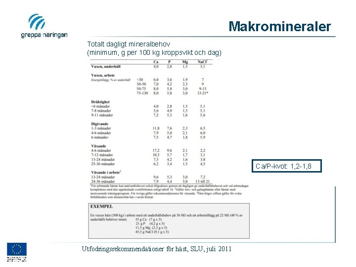 Makromineraler Totalt dagligt mineralbehov (minimum, g per 100 kg kroppsvikt och dag) Ca/P-kvot: 1,