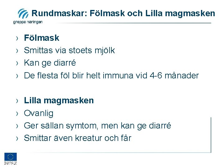 Rundmaskar: Fölmask och Lilla magmasken › › Fölmask Smittas via stoets mjölk Kan ge