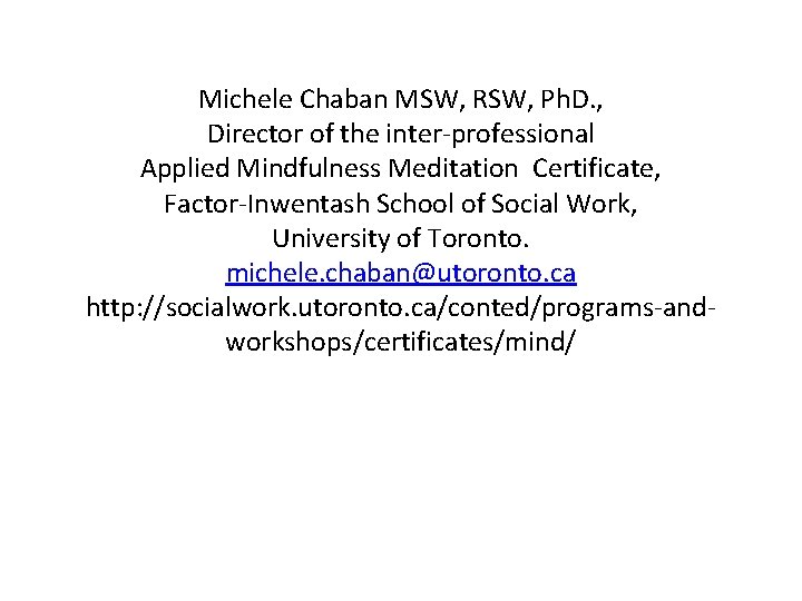 Michele Chaban MSW, RSW, Ph. D. , Director of the inter-professional Applied Mindfulness Meditation