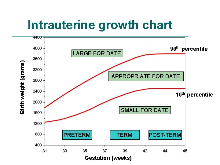 Intrauterine growth chart 90 th percentile Birth weight (grams) LARGE FOR DATE APPROPRIATE FOR