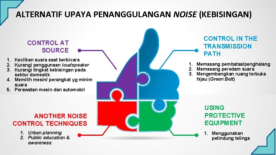 ALTERNATIF UPAYA PENANGGULANGAN NOISE (KEBISINGAN) CONTROL AT SOURCE 1. Kecilkan suara saat berbicara 2.