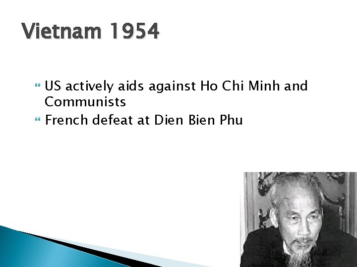 Vietnam 1954 US actively aids against Ho Chi Minh and Communists French defeat at