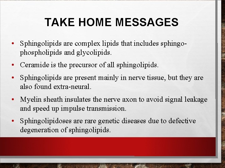 TAKE HOME MESSAGES • Sphingolipids are complex lipids that includes sphingophospholipids and glycolipids. • TAKE HOME MESSAGES • Sphingolipids are complex lipids that includes sphingophospholipids and glycolipids. •