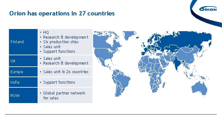 Orion has operations in 27 countries Finland • • • UK • Sales unit Orion has operations in 27 countries Finland • • • UK • Sales unit