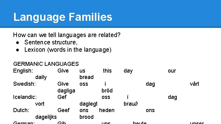 Language Families How can we tell languages are related? ● Sentence structure, ● Lexicon