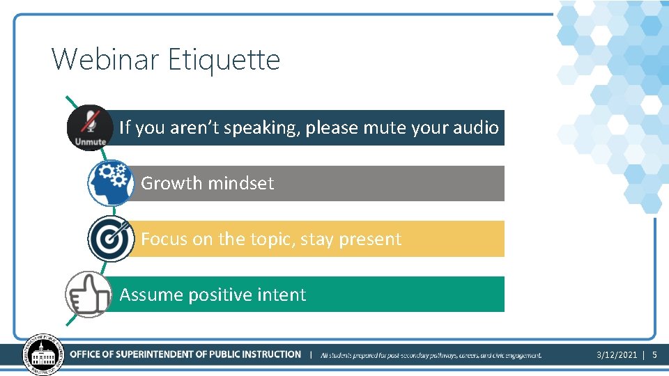 Webinar Etiquette If you aren’t speaking, please mute your audio Growth mindset Focus on