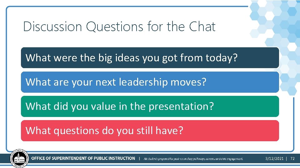 Discussion Questions for the Chat What were the big ideas you got from today?