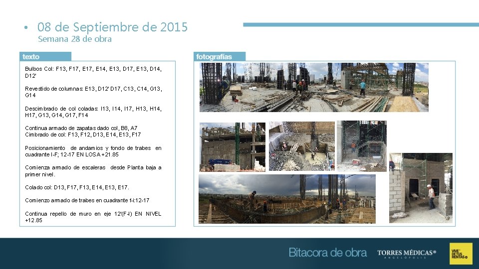  • 08 de Septiembre de 2015 Semana 28 de obra Bulbos Col: F
