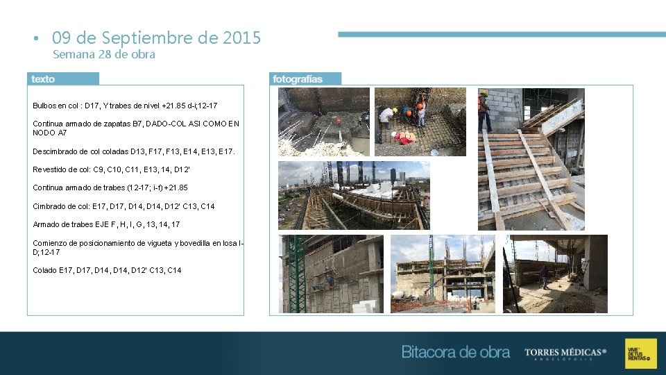  • 09 de Septiembre de 2015 Semana 28 de obra Bulbos en col