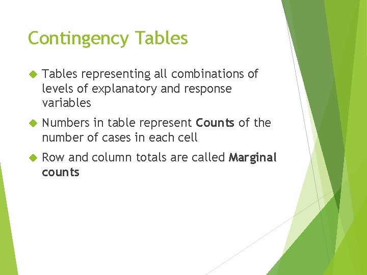 Contingency Tables representing all combinations of levels of explanatory and response variables Numbers in