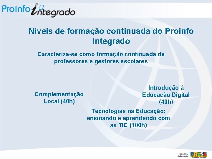 Níveis de formação continuada do Proinfo Integrado Caracteriza-se como formação continuada de professores e