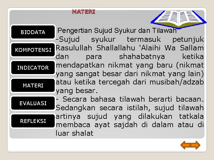 MATERI BIODATA KOMPOTENSI INDICATOR MATERI EVALUASI REFLEKSI Pengertian Sujud Syukur dan Tilawah -Sujud syukur