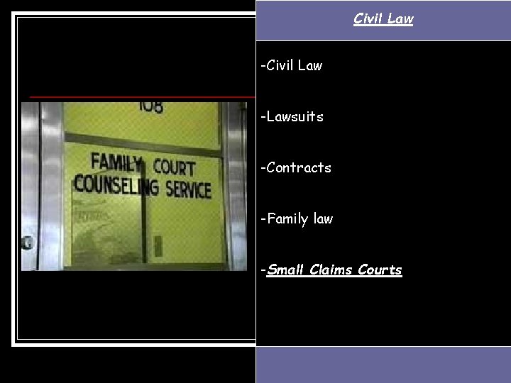 Civil Law -Lawsuits -Contracts -Family law -Small Claims Courts 
