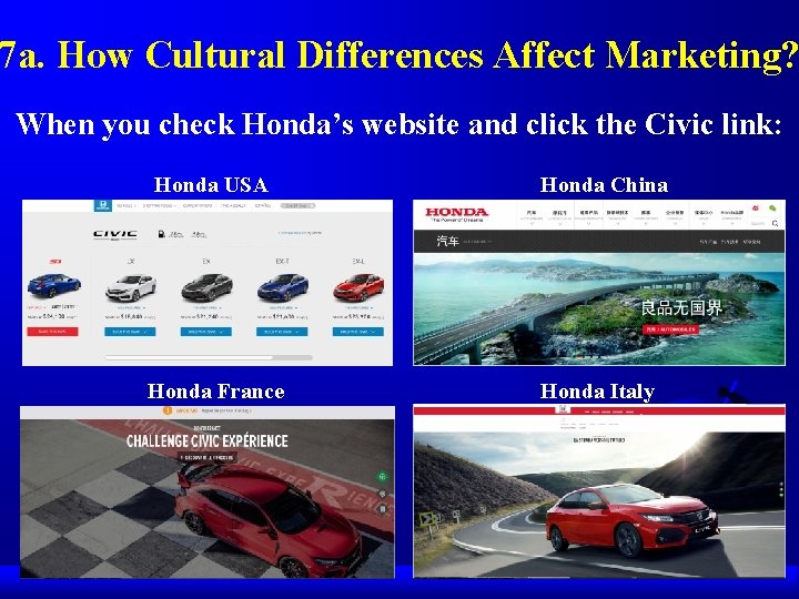 7 a. How Cultural Differences Affect Marketing? When you check Honda’s website and click