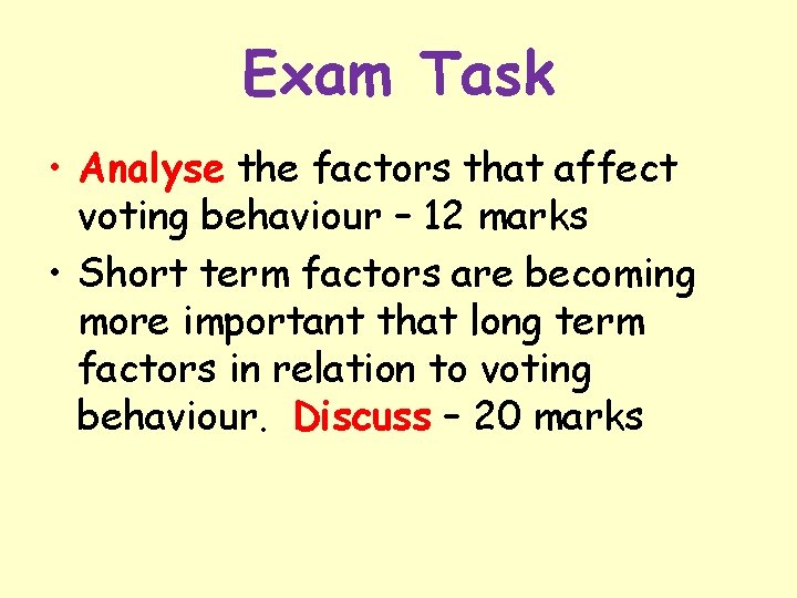 Exam Task • Analyse the factors that affect voting behaviour – 12 marks •