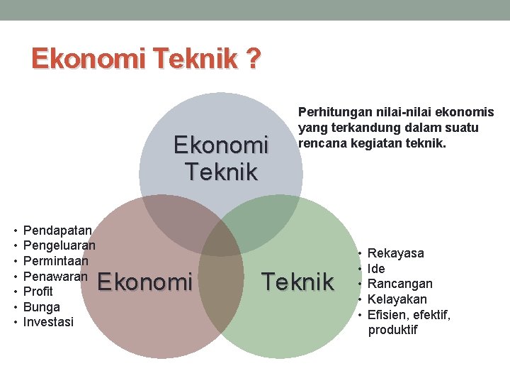 Ekonomi Teknik ? Ekonomi Teknik • • Pendapatan Pengeluaran Permintaan Penawaran Profit Bunga Investasi