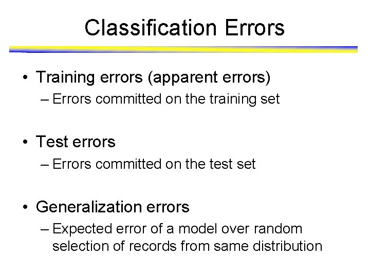 Classification Errors • Training errors (apparent errors) – Errors committed on the training set