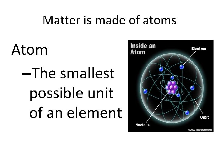 Matter is made of atoms Atom –The smallest possible unit of an element 