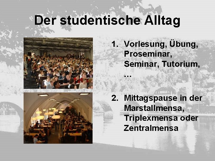 Der studentische Alltag 1. Vorlesung, Übung, Proseminar, Seminar, Tutorium, … 2. Mittagspause in der