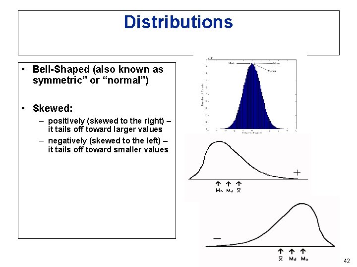 Distributions • Bell-Shaped (also known as symmetric” or “normal”) • Skewed: – positively (skewed Distributions • Bell-Shaped (also known as symmetric” or “normal”) • Skewed: – positively (skewed