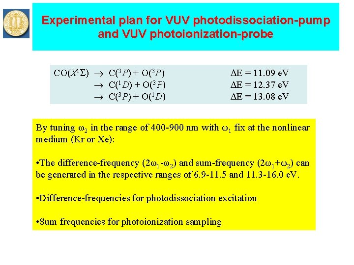 Experimental plan for VUV photodissociation-pump and VUV photoionization-probe CO(X 1 ) C(3 P) +