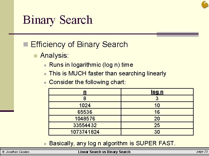 Binary Search n Efficiency of Binary Search n Analysis: n n n Runs in
