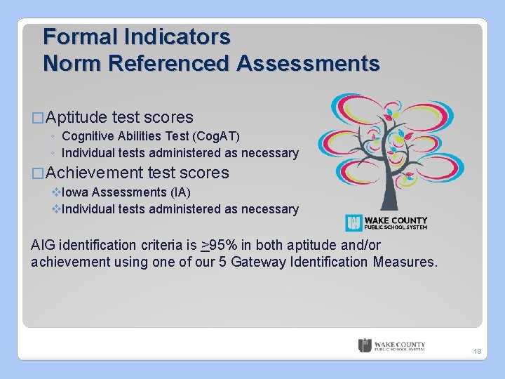 Formal Indicators Norm Referenced Assessments � Aptitude test scores ◦ Cognitive Abilities Test (Cog.