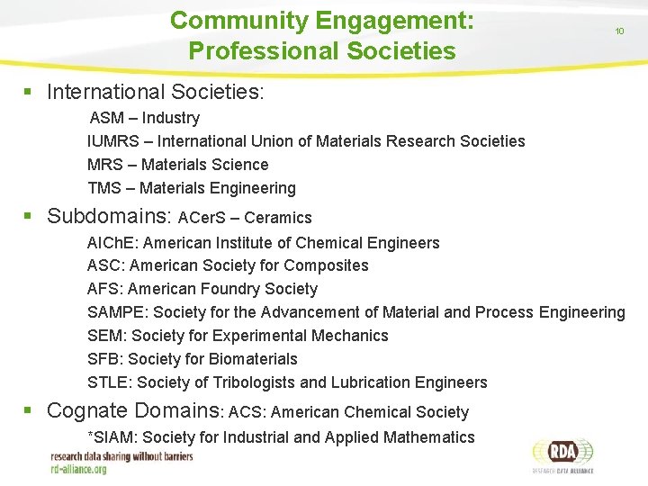 Community Engagement: Professional Societies 10 § International Societies: ASM – Industry IUMRS – International