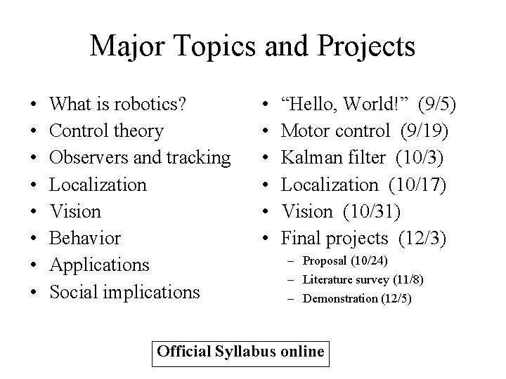 Major Topics and Projects • • What is robotics? Control theory Observers and tracking