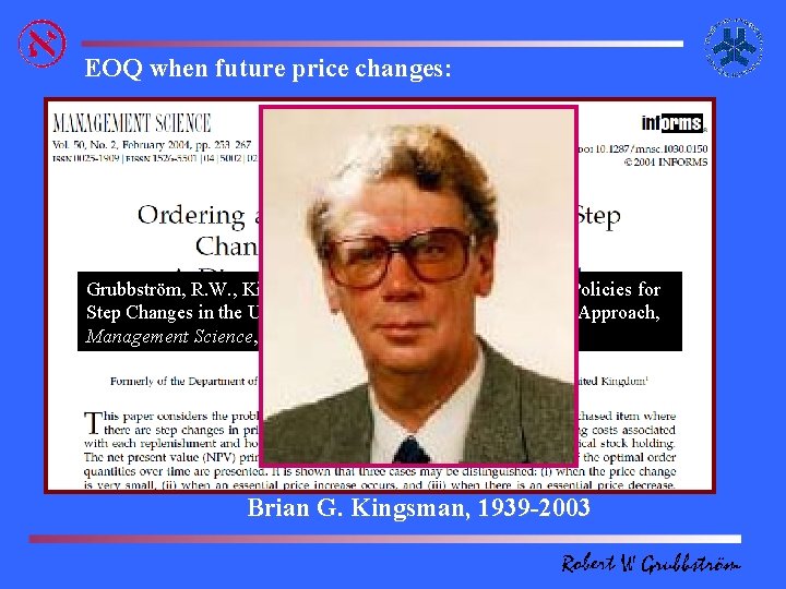  EOQ when future price changes: Grubbström, R. W. , Kingsman, B. G. ,