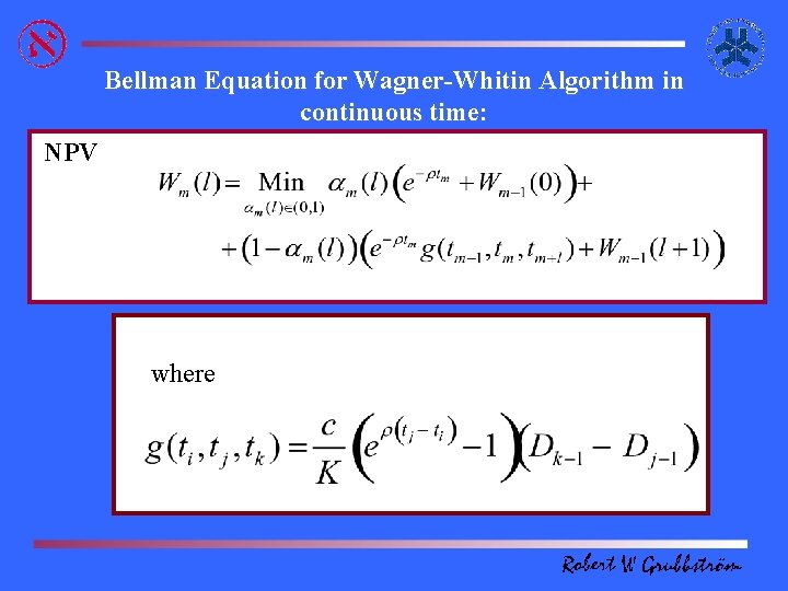 Bellman Equation for Wagner-Whitin Algorithm in continuous time: NPV where 