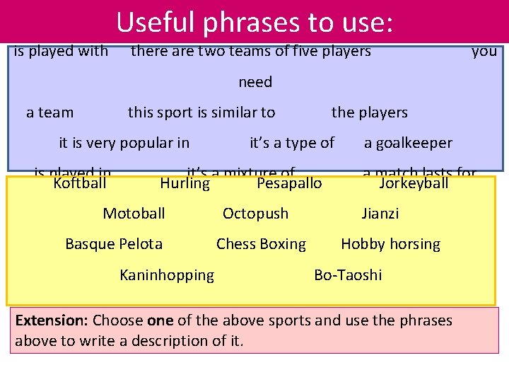 Useful phrases to use: is played with there are two teams of five players