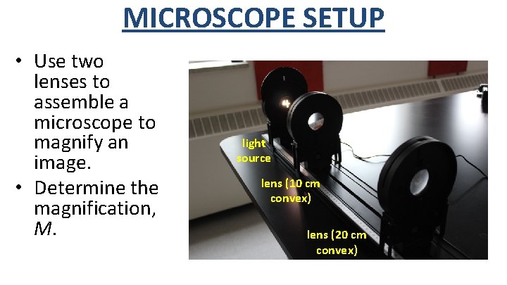 MICROSCOPE SETUP • Use two lenses to assemble a microscope to magnify an image.