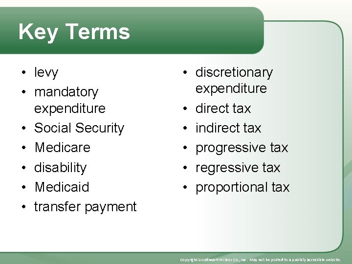 Key Terms • levy • mandatory expenditure • Social Security • Medicare • disability