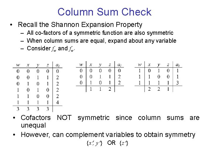 Column Sum Check • Recall the Shannon Expansion Property – All co-factors of a