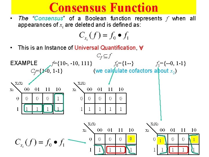 Consensus Function • The “Consensus” of a Boolean function represents f when all appearances